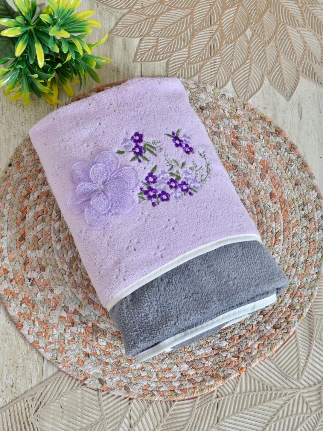 FABINALIV Purple & Green Floral Embroidered Cotton 300 GSM Bath Towel