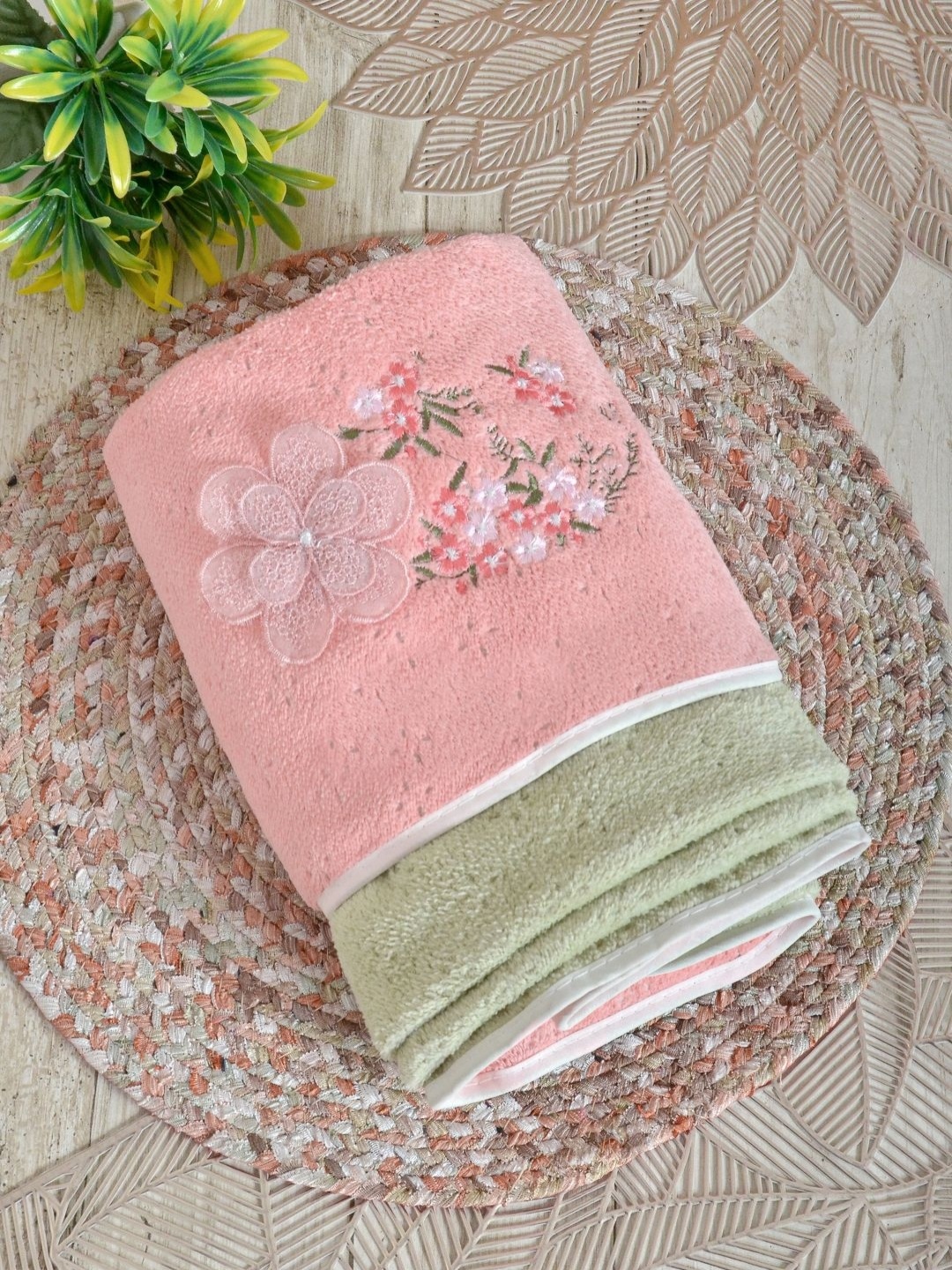 

FABINALIV Peach-Coloured & Green Floral Embroidered Cotton 300 GSM Bath Towel