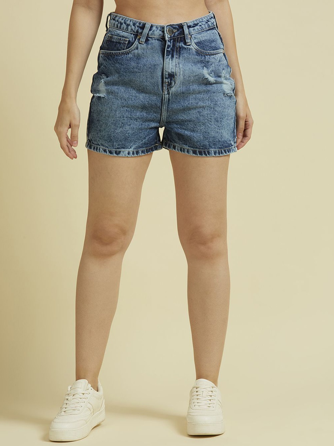 

Style Quotient Women High-Rise Ribbed Denim Shorts, Blue