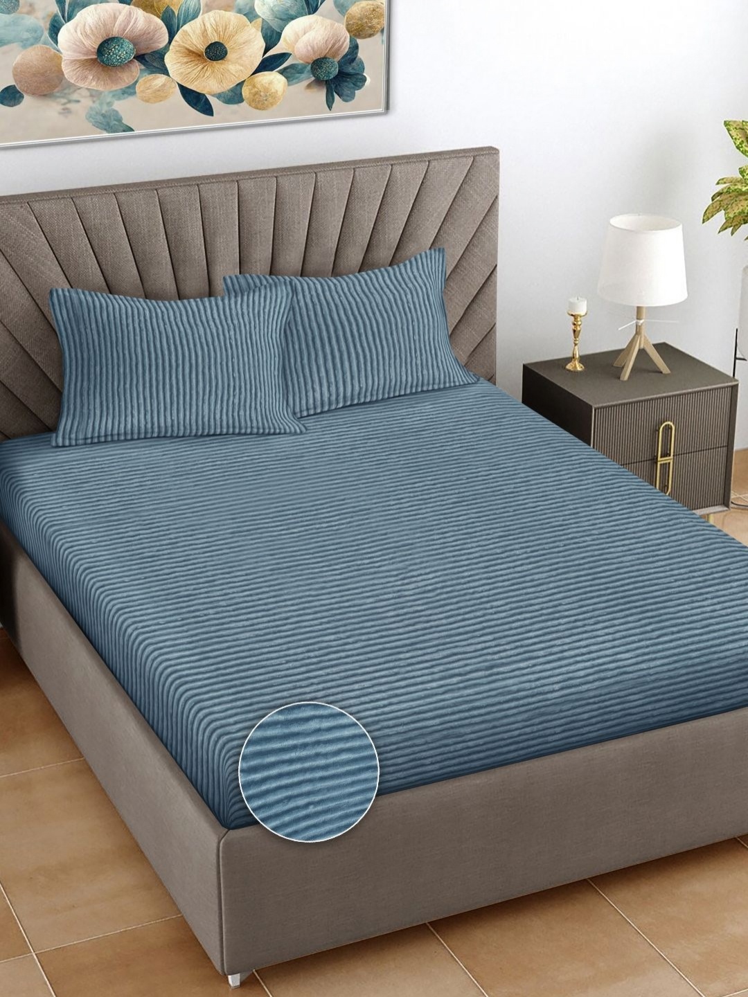 

FABINALIV Blue Striped Woollen 300 TC Fitted King Bedsheet Set 2.5 m x 2.25 m
