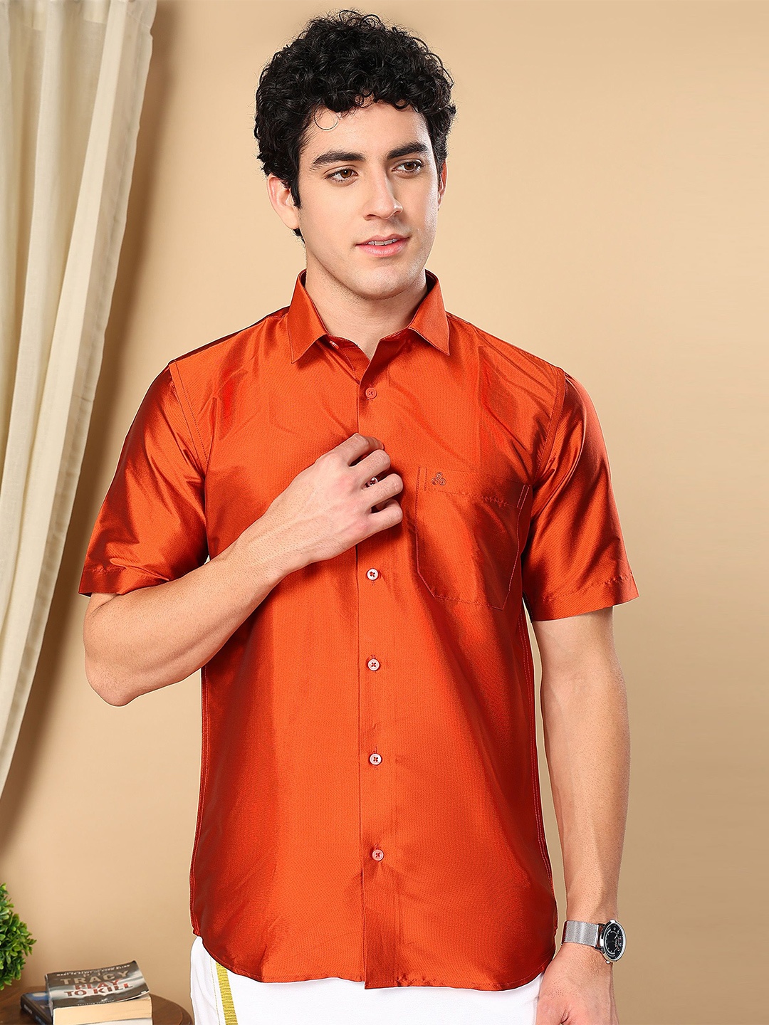 

TATTVA Men Classic Slim Fit Spread Collar Solid Casual Shirt, Orange