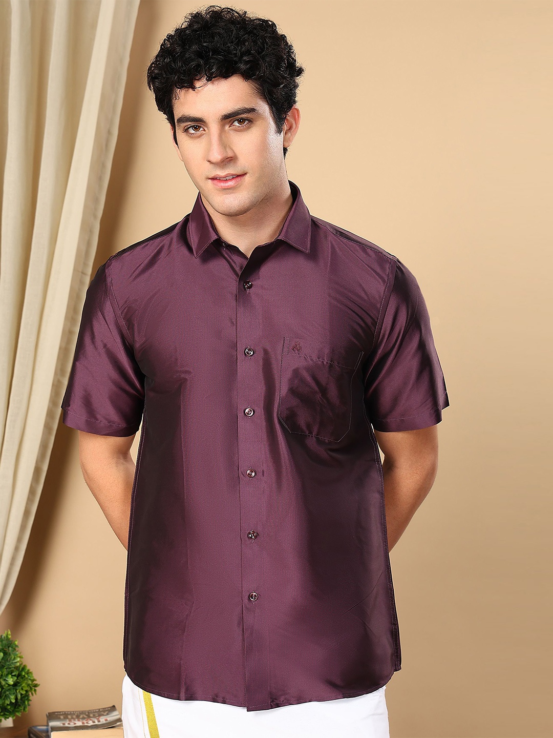

TATTVA Men Classic Slim Fit Spread Collar Solid Casual Shirt, Purple
