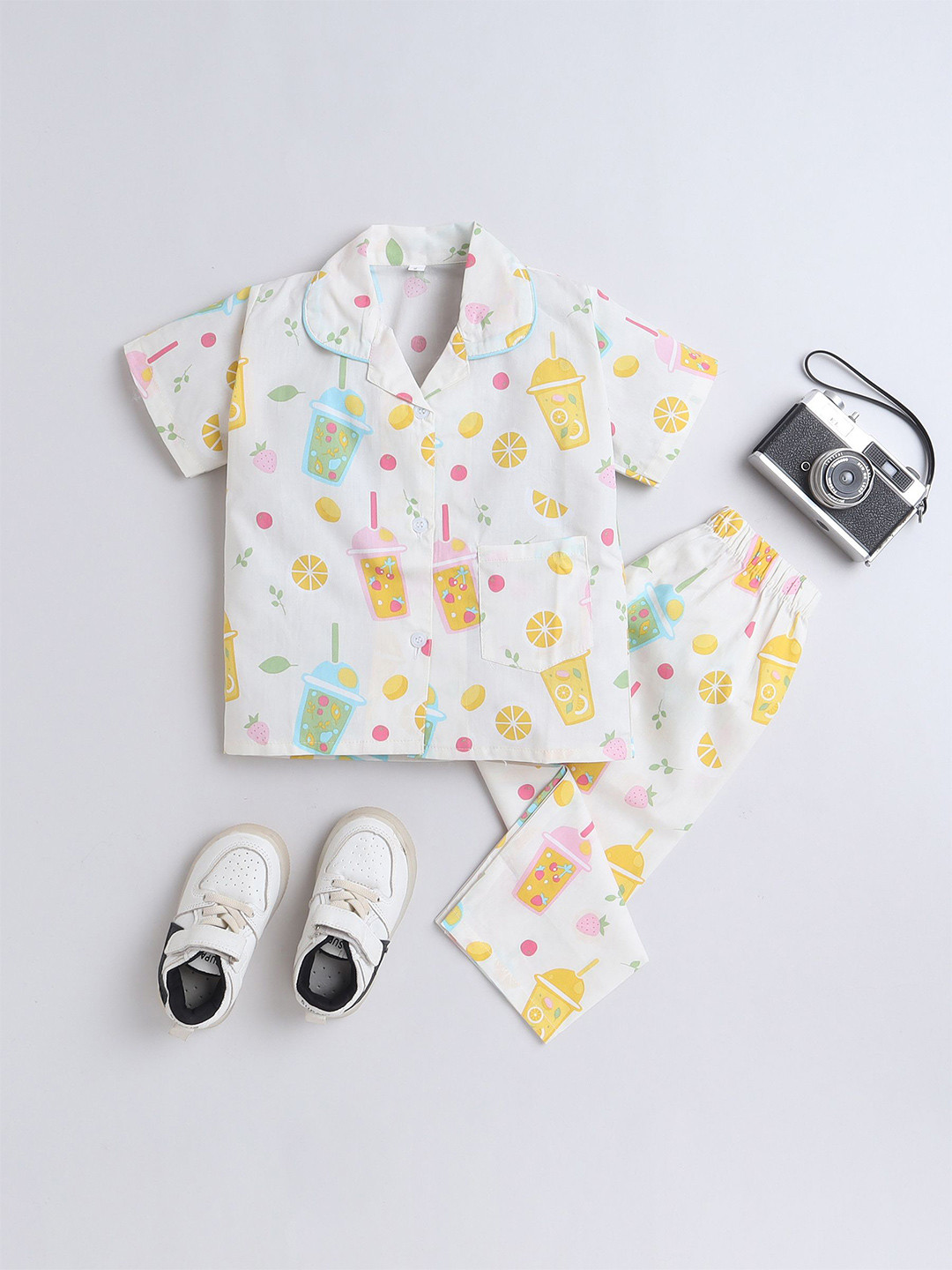 

The Magic Wand Infant Girls Printed Pure Cotton Shirt With Trousers Night Suit, Off white