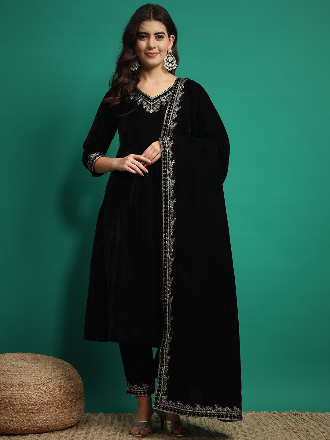 

V.S.Creation Zari Work A-Line Kurta With Trouser And Dupatta, Black