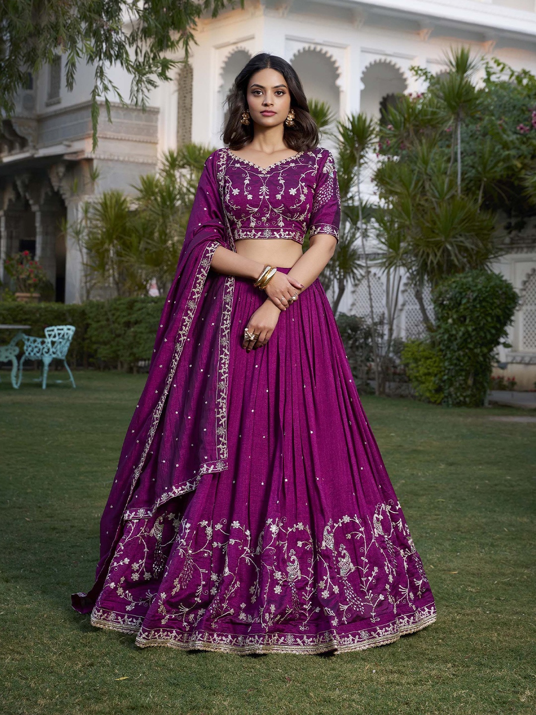 

LOOKNBOOK ART Embroidered Ready to Wear Lehenga & Unstitched Blouse With Dupatta, Burgundy