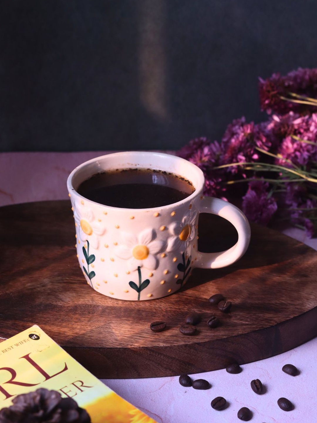 

WEAVING HOMES White & Yellow Floral Printed Ceramic Glossy Mug-300 ML