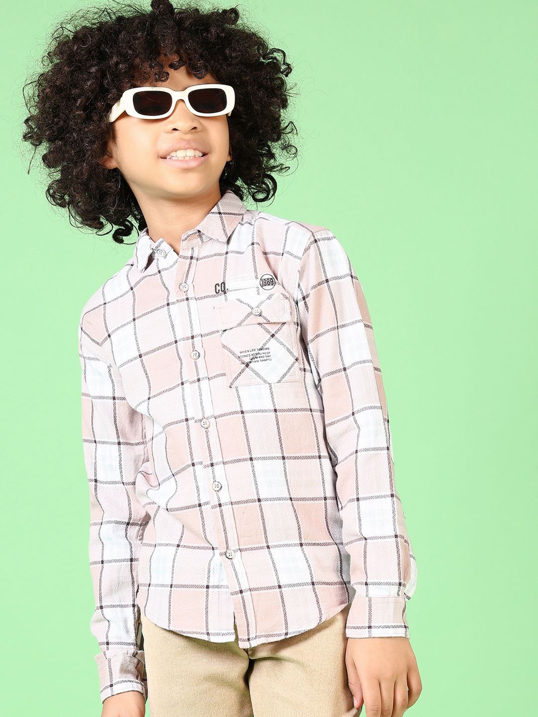 

V-Mart Boys Spread Collar Gingham Checked Cotton Casual Shirt, Peach