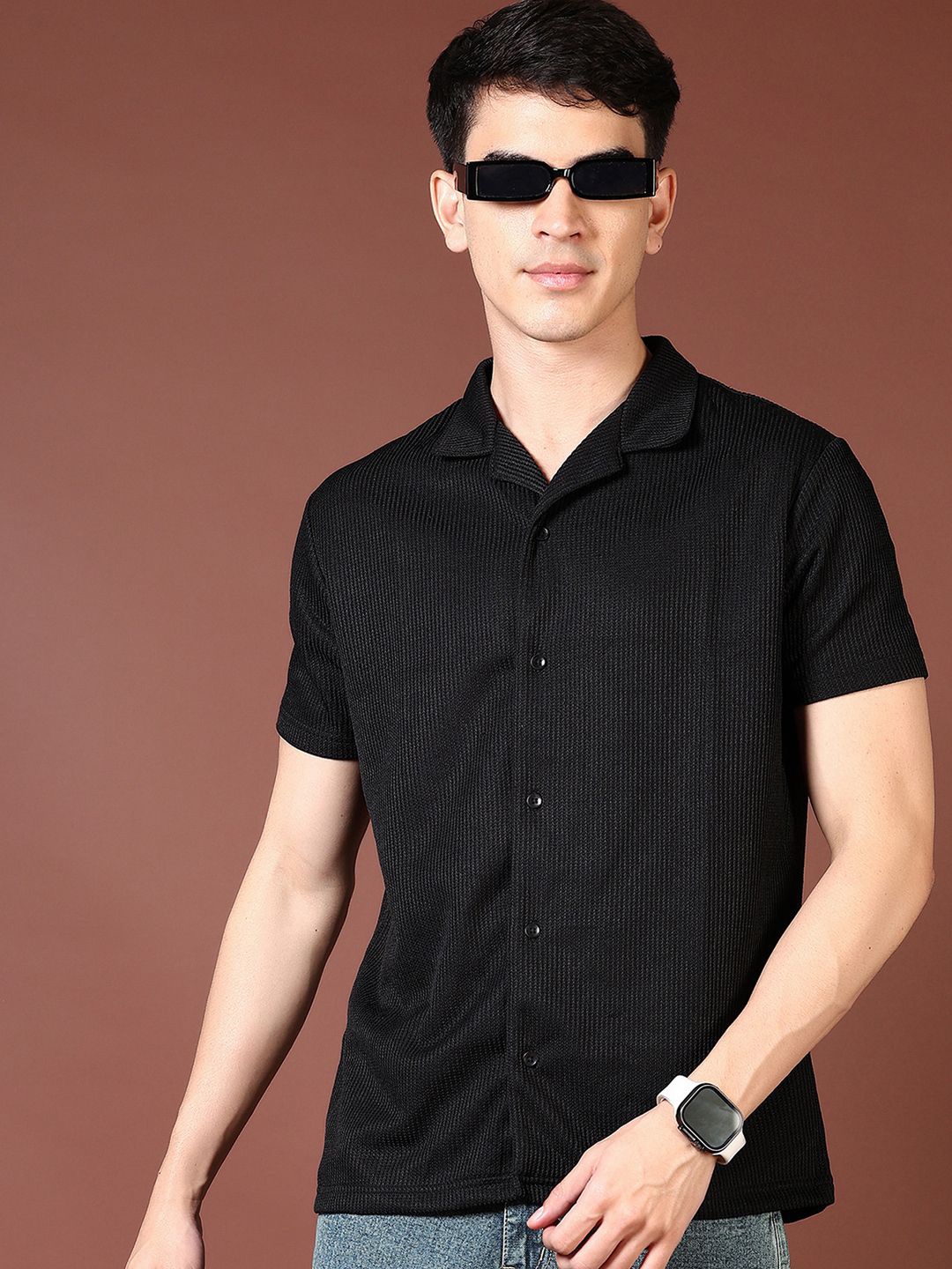 

V-Mart Men Cuban Collar Textured Cotton Casual Shirt, Black