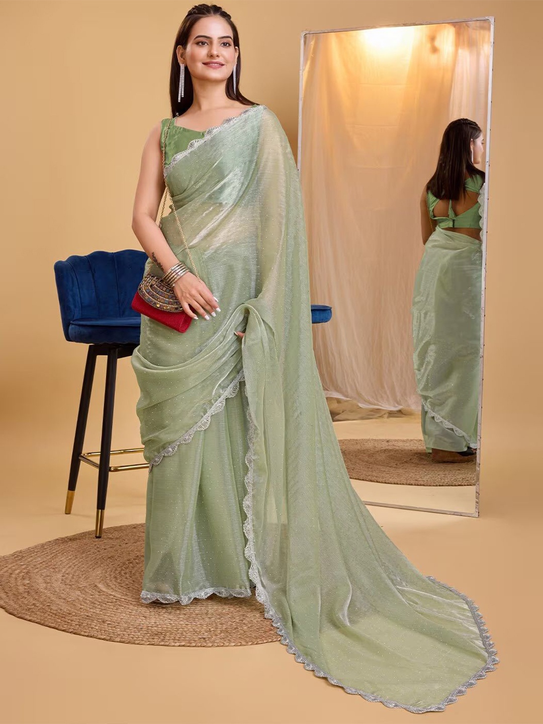 

Aika Embellished Beads and Stones Net Saree, Lime green