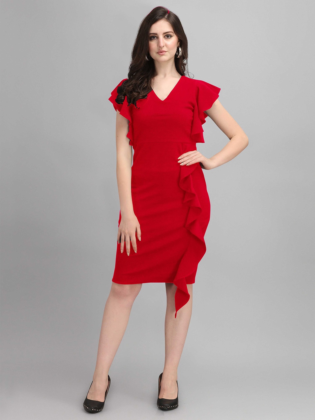 

STARWORD Women V-Neck Bodycon Knee Length Dress, Red