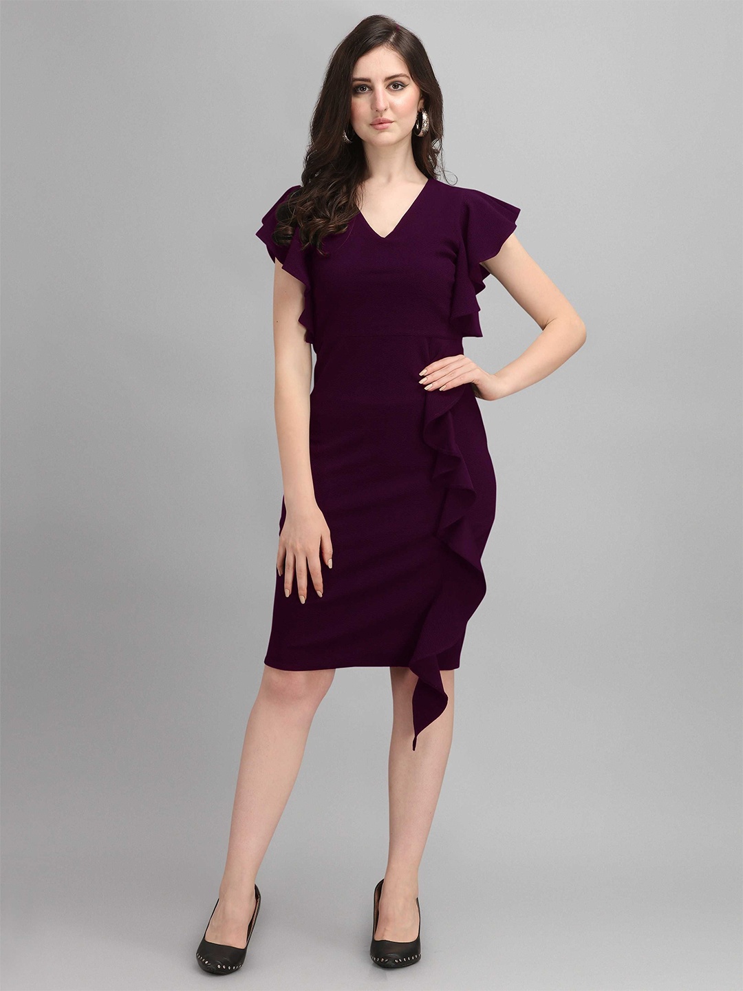 

STARWORD Women V-Neck Bodycon Knee Length Dress, Purple