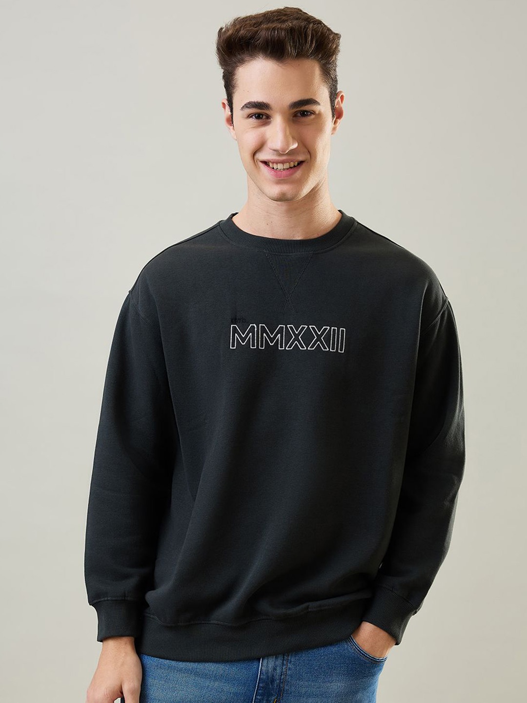

TIM PARIS Men Printed Round Neck Cotton Sweatshirt, Black
