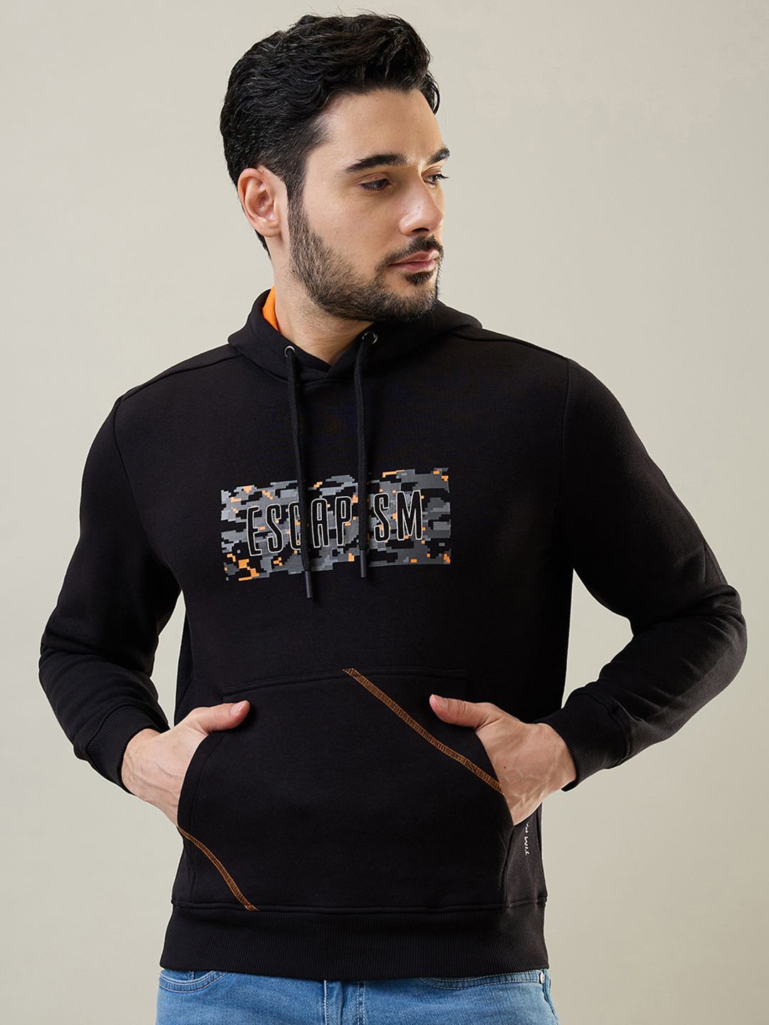 

TIM PARIS Men Printed Hooded Cotton Sweatshirt, Black