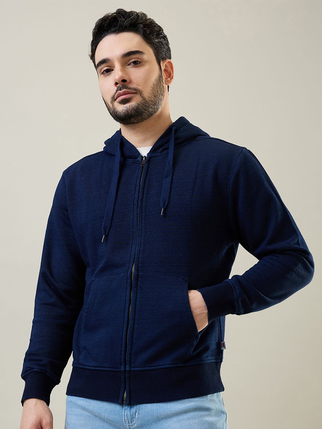 

TIM PARIS Men Printed Hooded Front-Open Cotton Sweatshirt, Blue