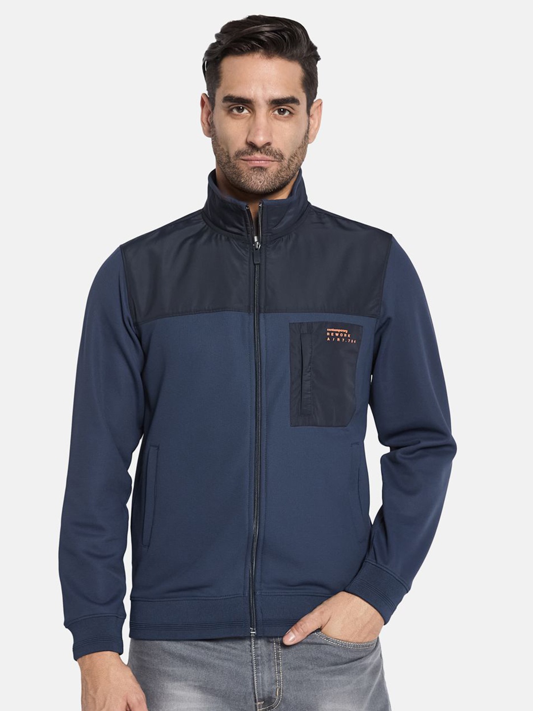 

Octave Men Colourblocked Front-Open Sweatshirt, Navy blue