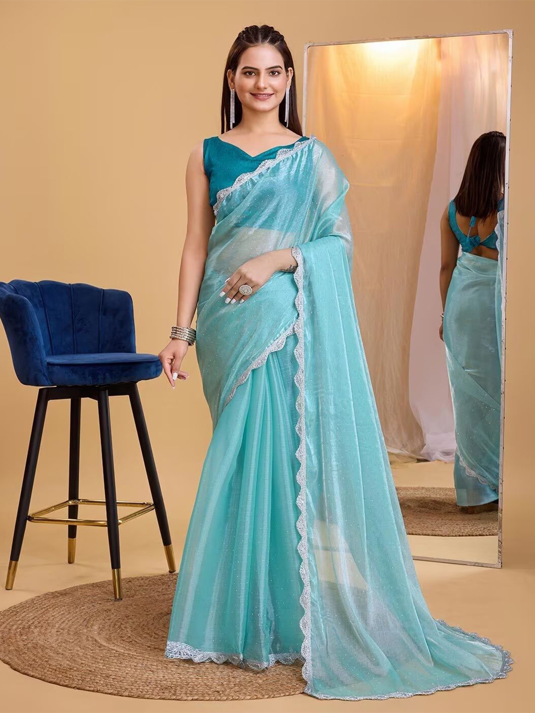 

JULEE Embellished Embroidered Saree, Turquoise blue