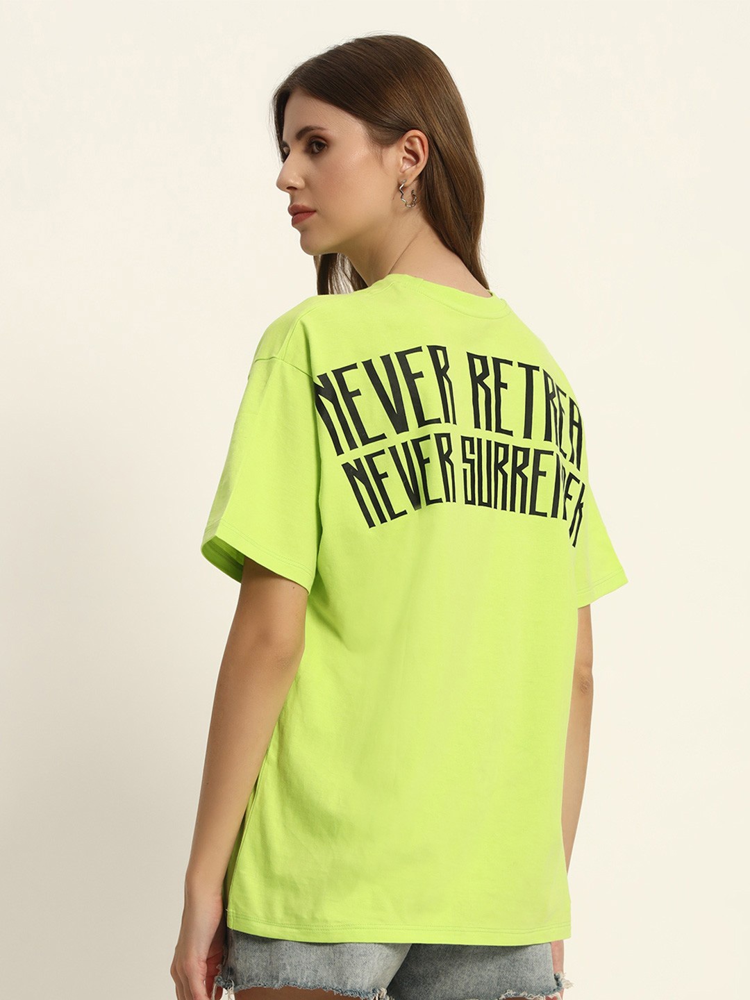

Anax Aesthetics Women Typography Printed Round Neck Cotton Oversized T-shirt, Green