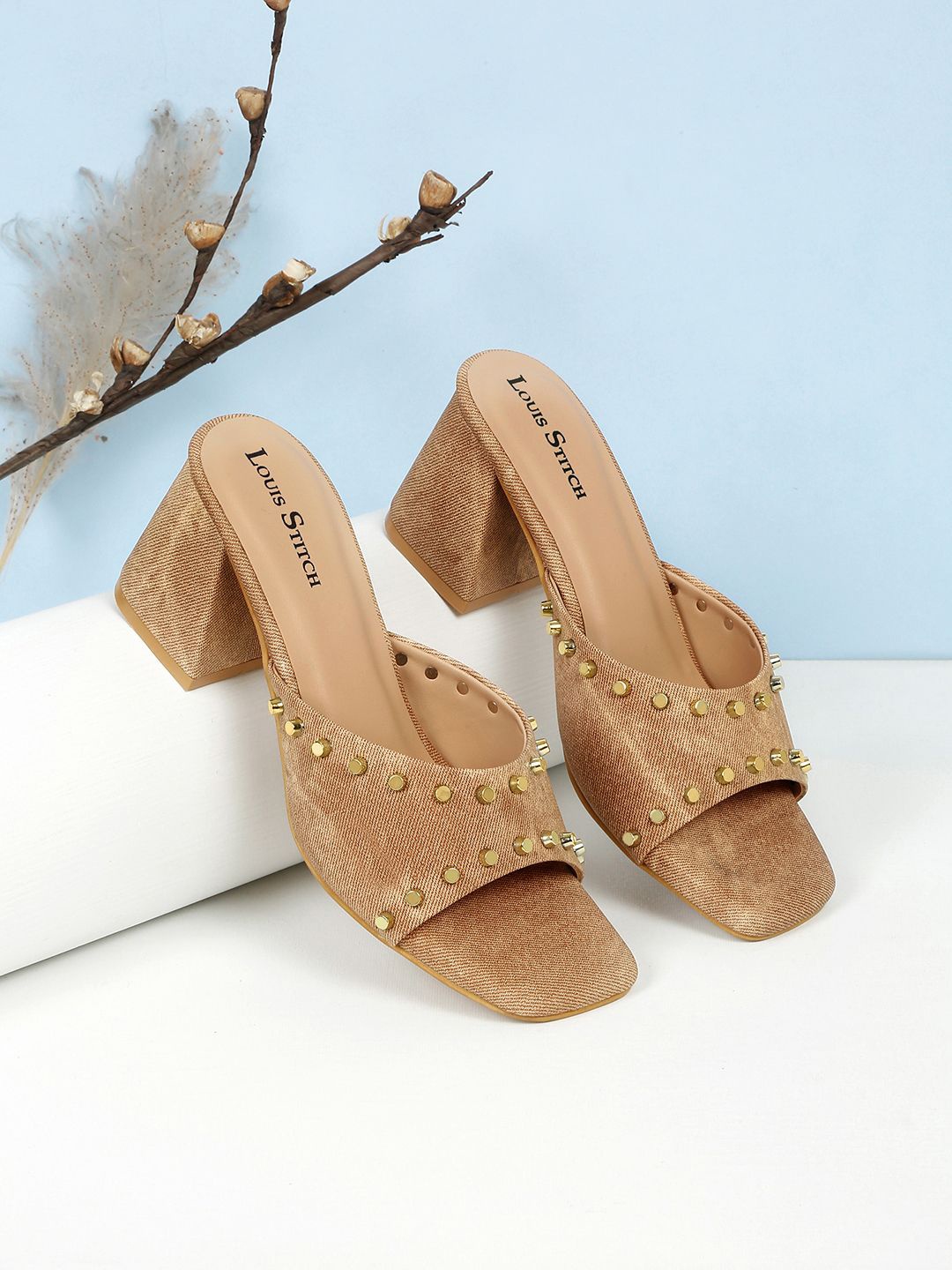 

LOUIS STITCH Women Embellished Open Toe Block Heel Sandals, Beige