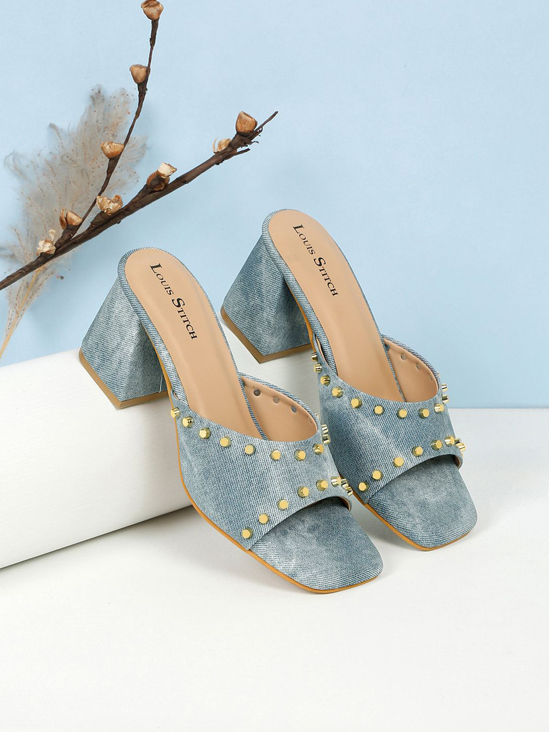 

LOUIS STITCH Women Open Toe Block Heel Mules, Blue