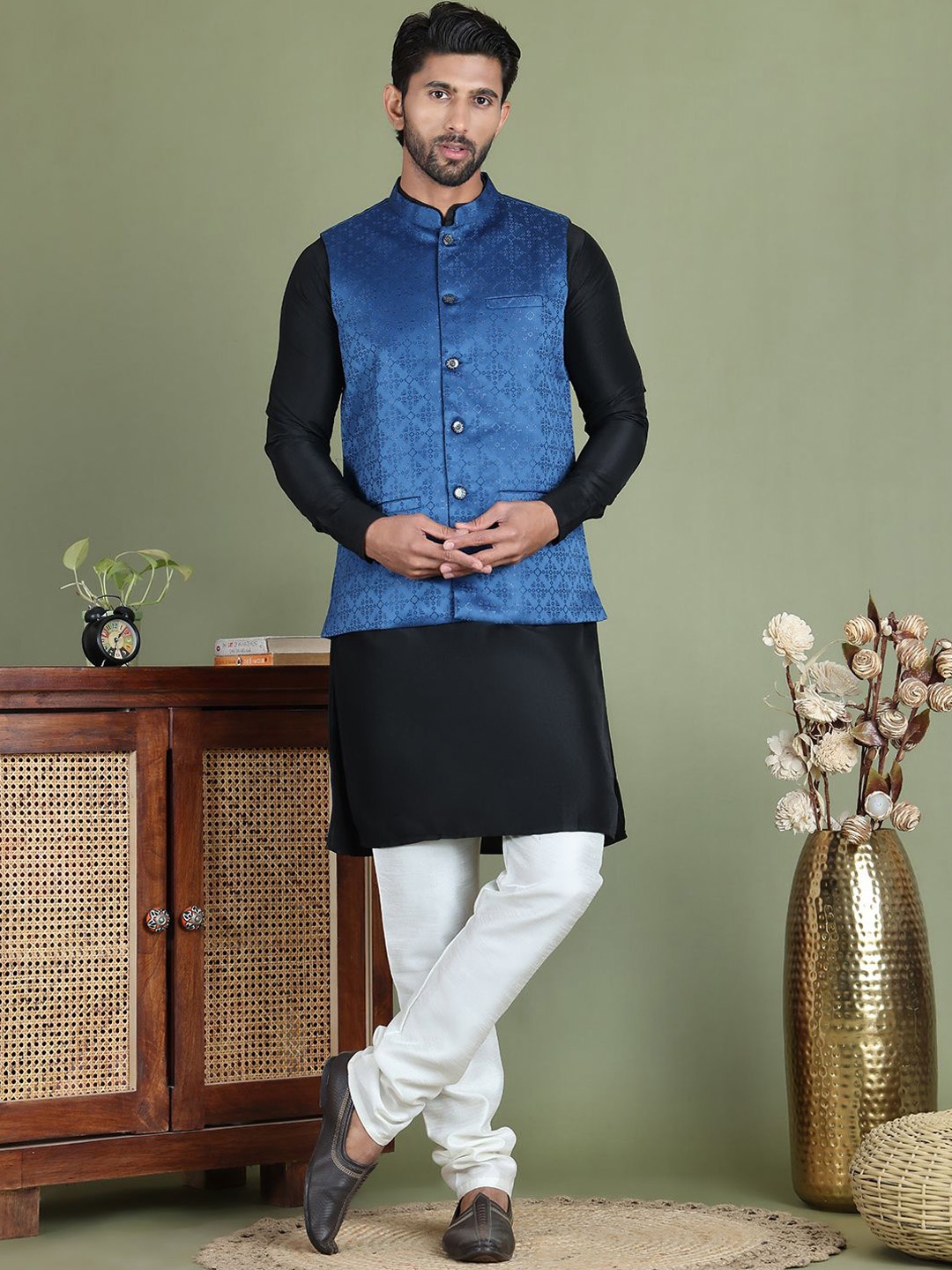

Anouk Blue Mandarin Collar Jacquard Straight Kurta With Churidar & Nehru Jacket