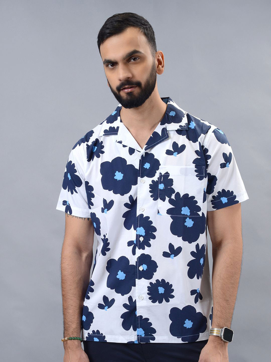 

JADE BLUE Men Slim Fit Cuban Collar Floral Printed Cotton Casual Shirt, White