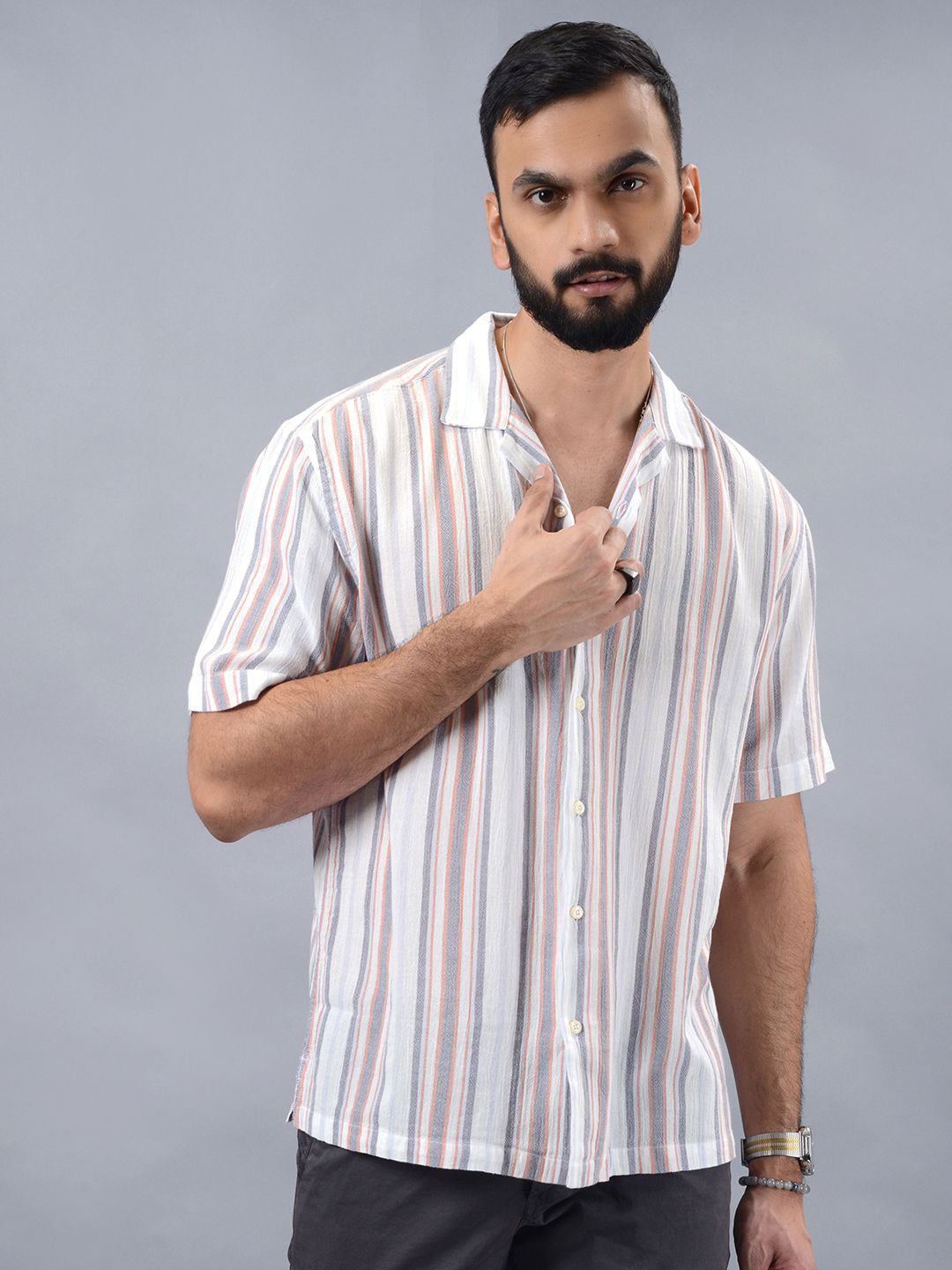 

JADE BLUE Men Slim Fit Cuban Collar Vertical Striped Cotton Casual Shirt, Grey
