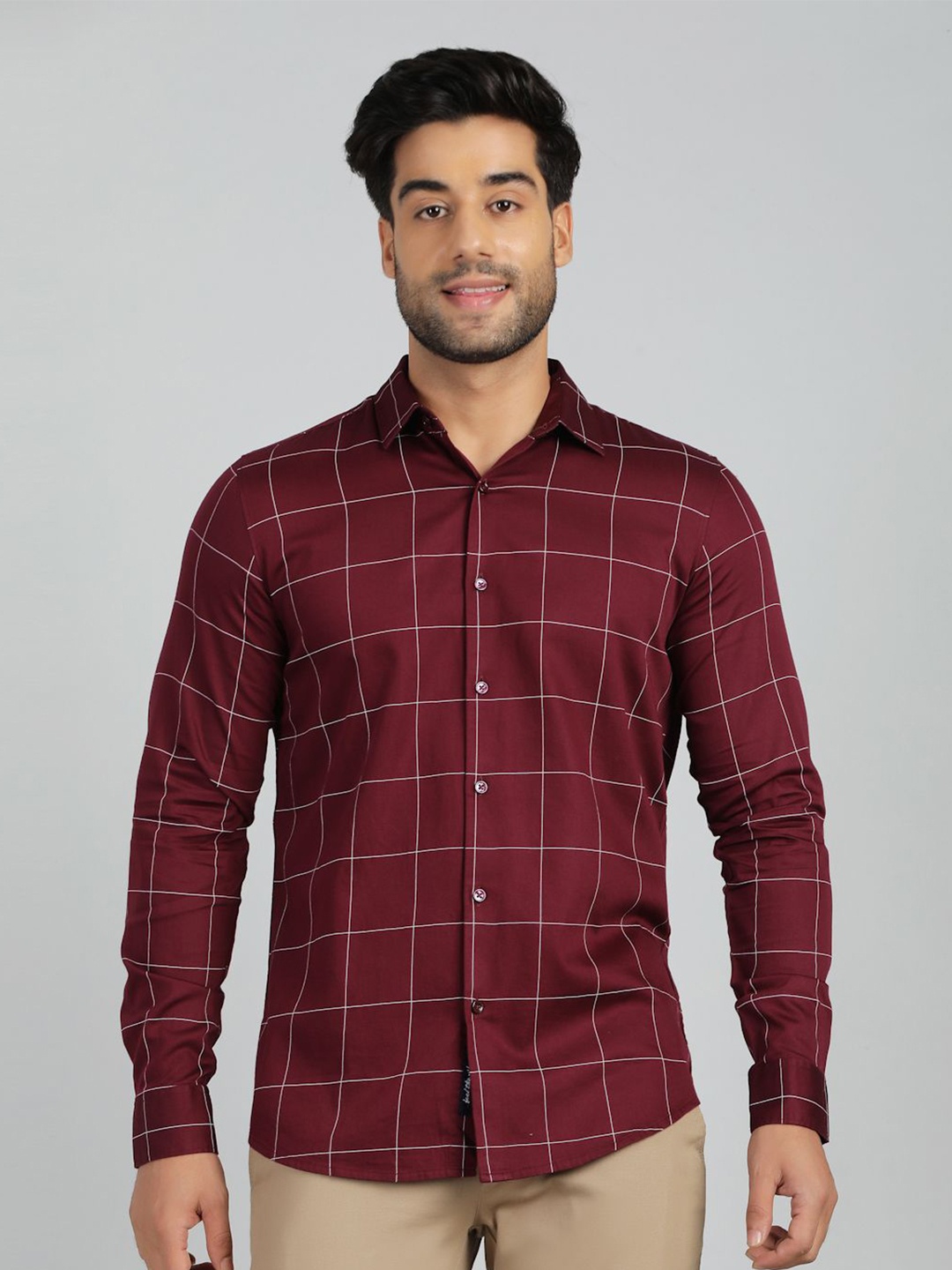 

JADE BLUE Men Slim Fit Spread Collar Windowpane Checked Cotton Casual Shirt, Maroon