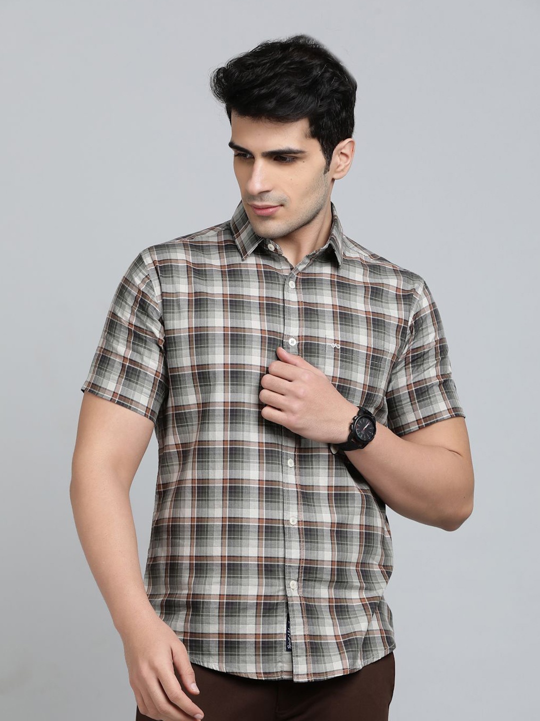 

JADE BLUE Men Slim Fit Spread Collar Tartan Checked Cotton Casual Shirt, White