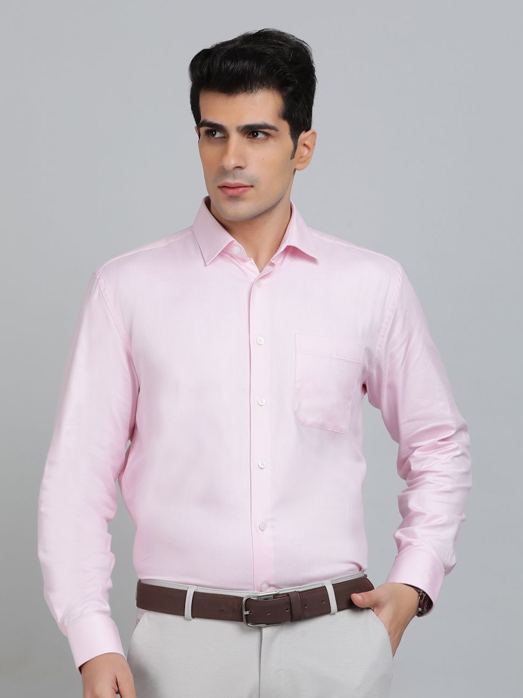 

JADE BLUE Men Spread Collar Textured Cotton Formal Shirt, Pink