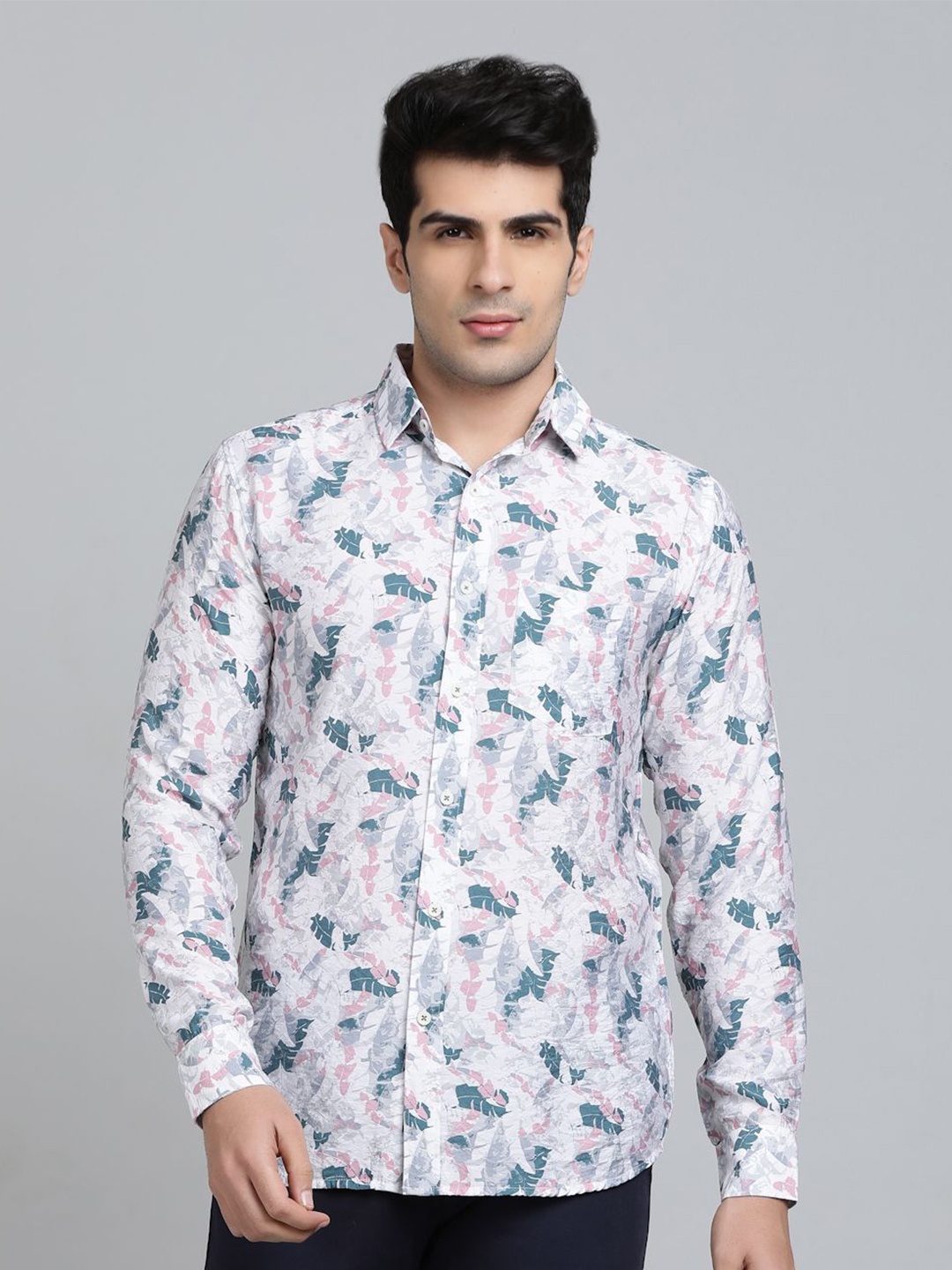 

JADE BLUE Men Slim Fit Spread Collar Floral Printed Cotton Casual Shirt, White