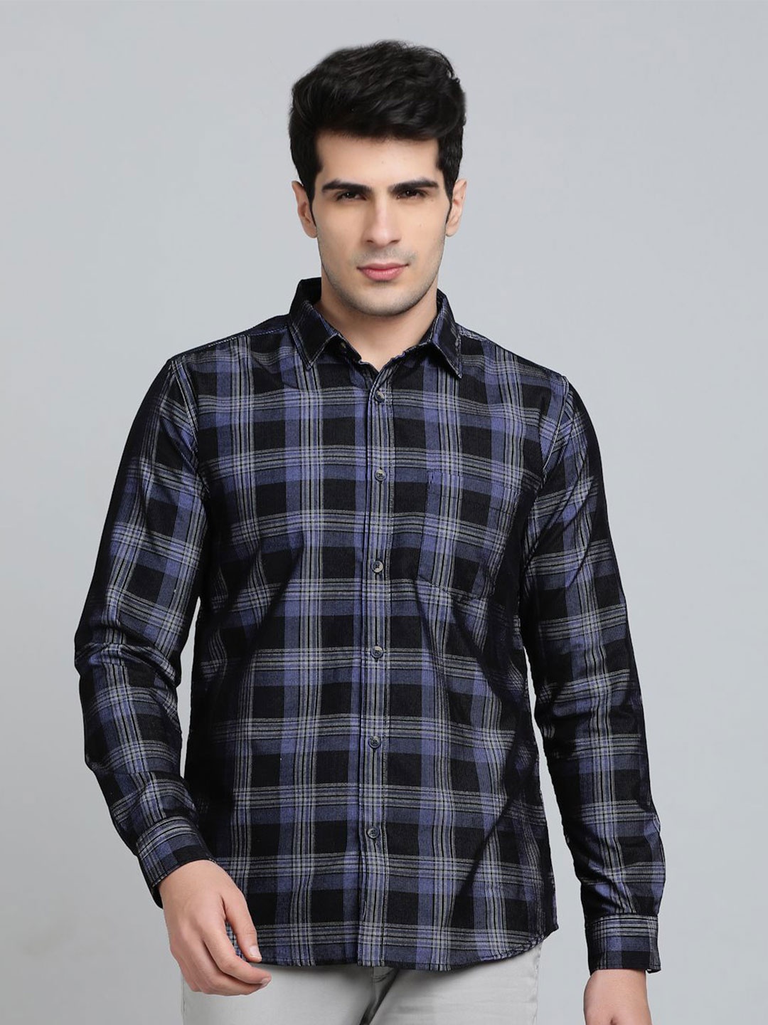 

JADE BLUE Men Slim Fit Spread Collar Tartan Checked Cotton Casual Shirt, Black
