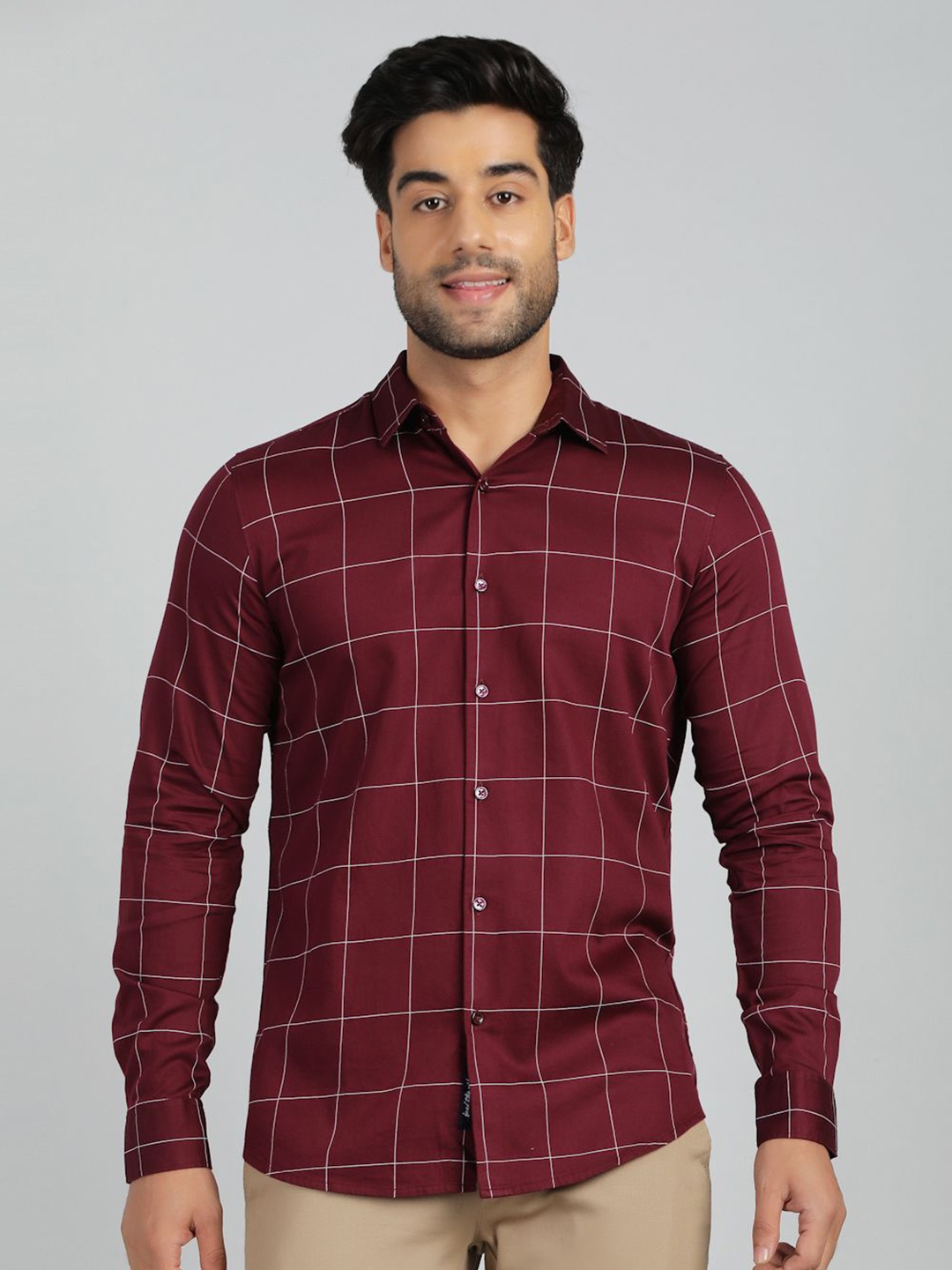 

JADE BLUE Men Slim Fit Spread Collar Windowpane Checked Cotton Casual Shirt, Maroon