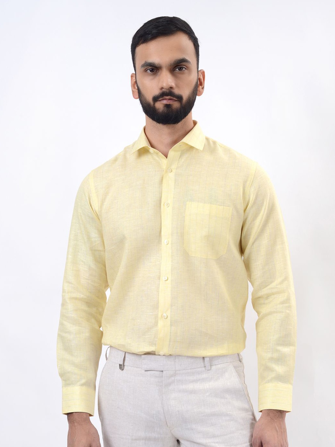 

JADE BLUE Men Spread Collar Textured Cotton Formal Shirt, Yellow