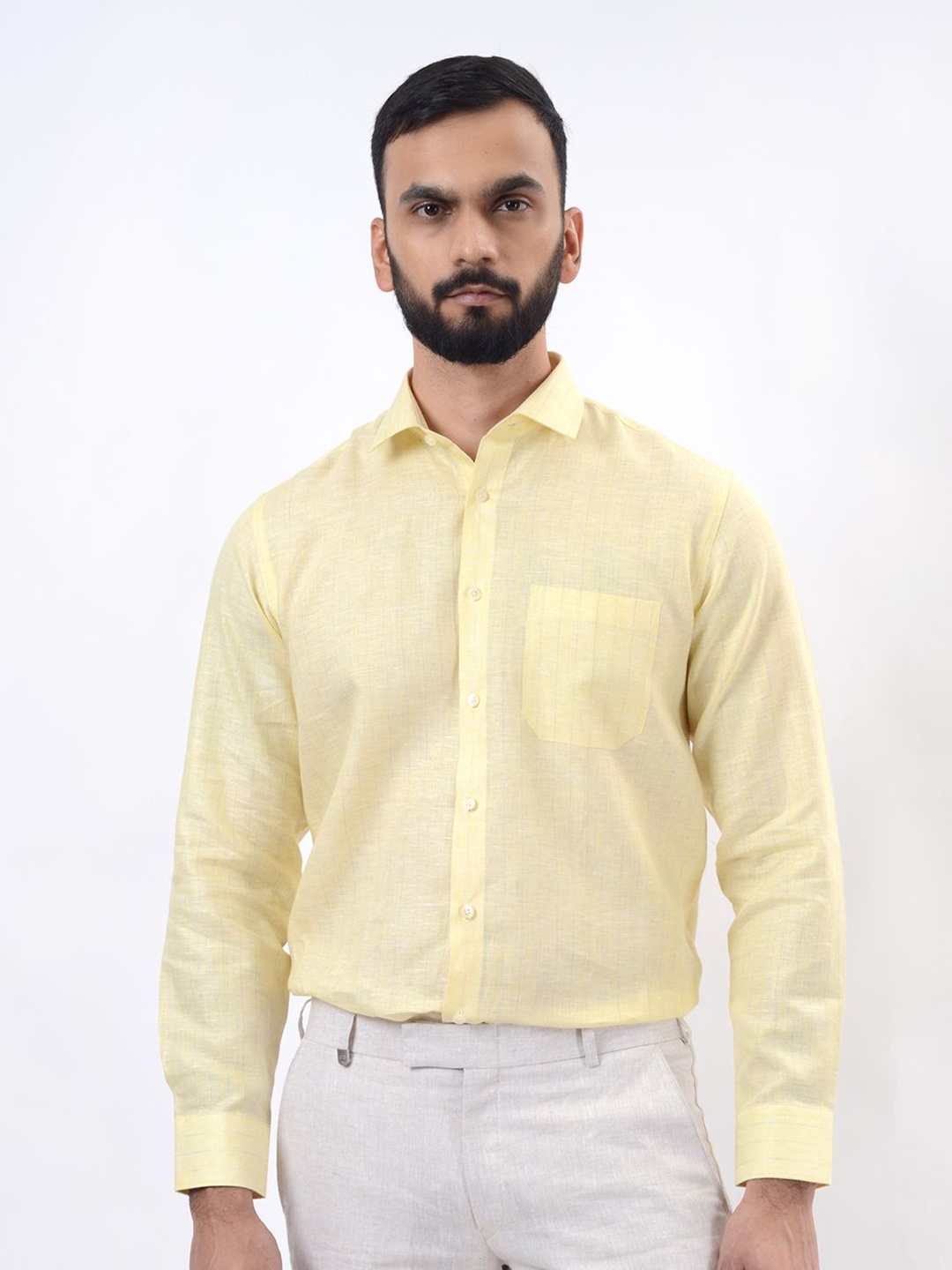 

JADE BLUE Men Spread Collar Textured Cotton Formal Shirt, Yellow