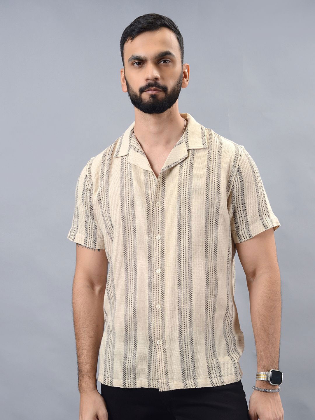 

JADE BLUE Men Cuban Collar Vertical Striped Cotton Casual Shirt, Beige