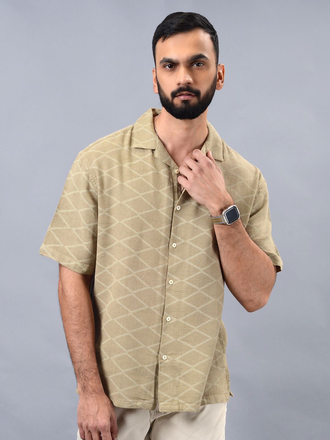 

JADE BLUE Men Slim Fit Cuban Collar Geometric Printed Cotton Casual Shirt, Khaki