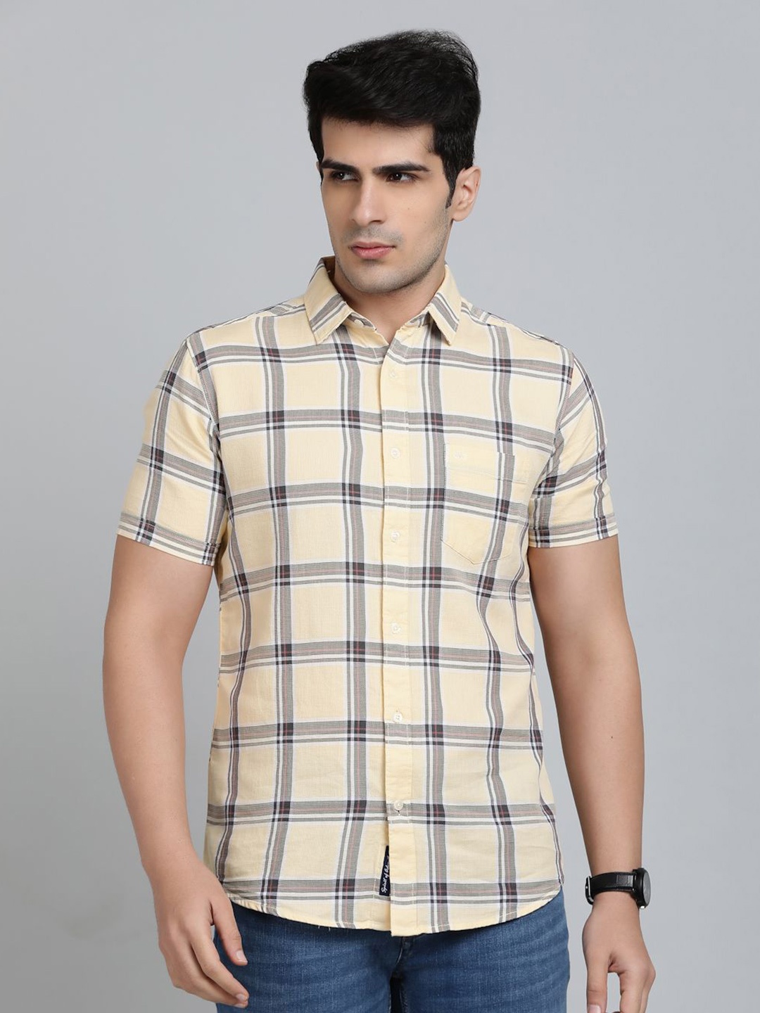 

JADE BLUE Men Slim Fit Spread Collar Tartan Checked Cotton Casual Shirt, Yellow