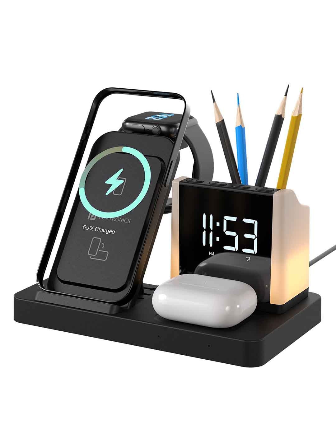 

Portronics HexaCharge 6in1 15W Magnetic Wireless Charging & Digital Alarm Clock, LED Lamp, Black