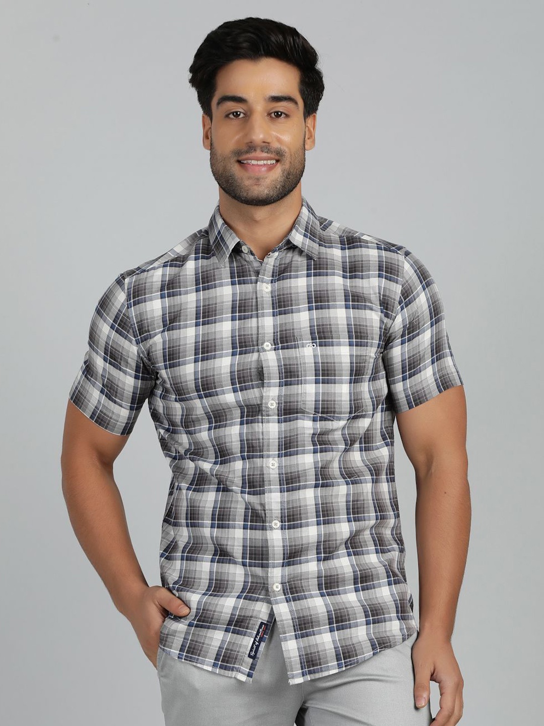 

JADE BLUE Men Slim Fit Spread Collar Tartan Checked Cotton Casual Shirt, Grey