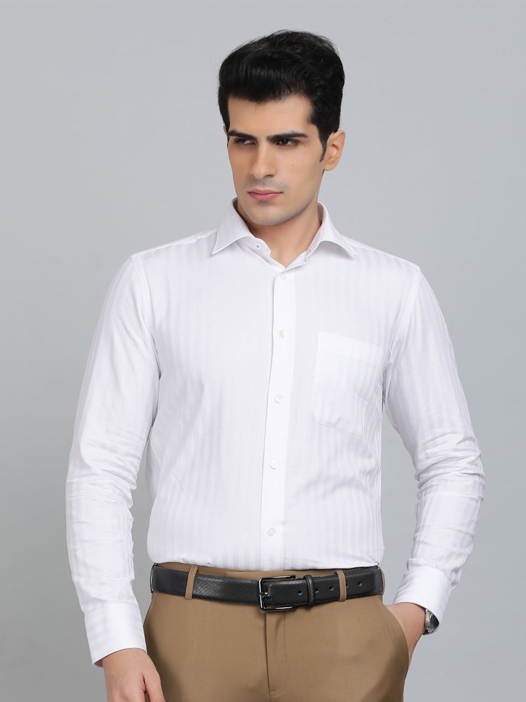

METAL Men Slim Fit Spread Collar Textured Cotton Formal Shirt, White
