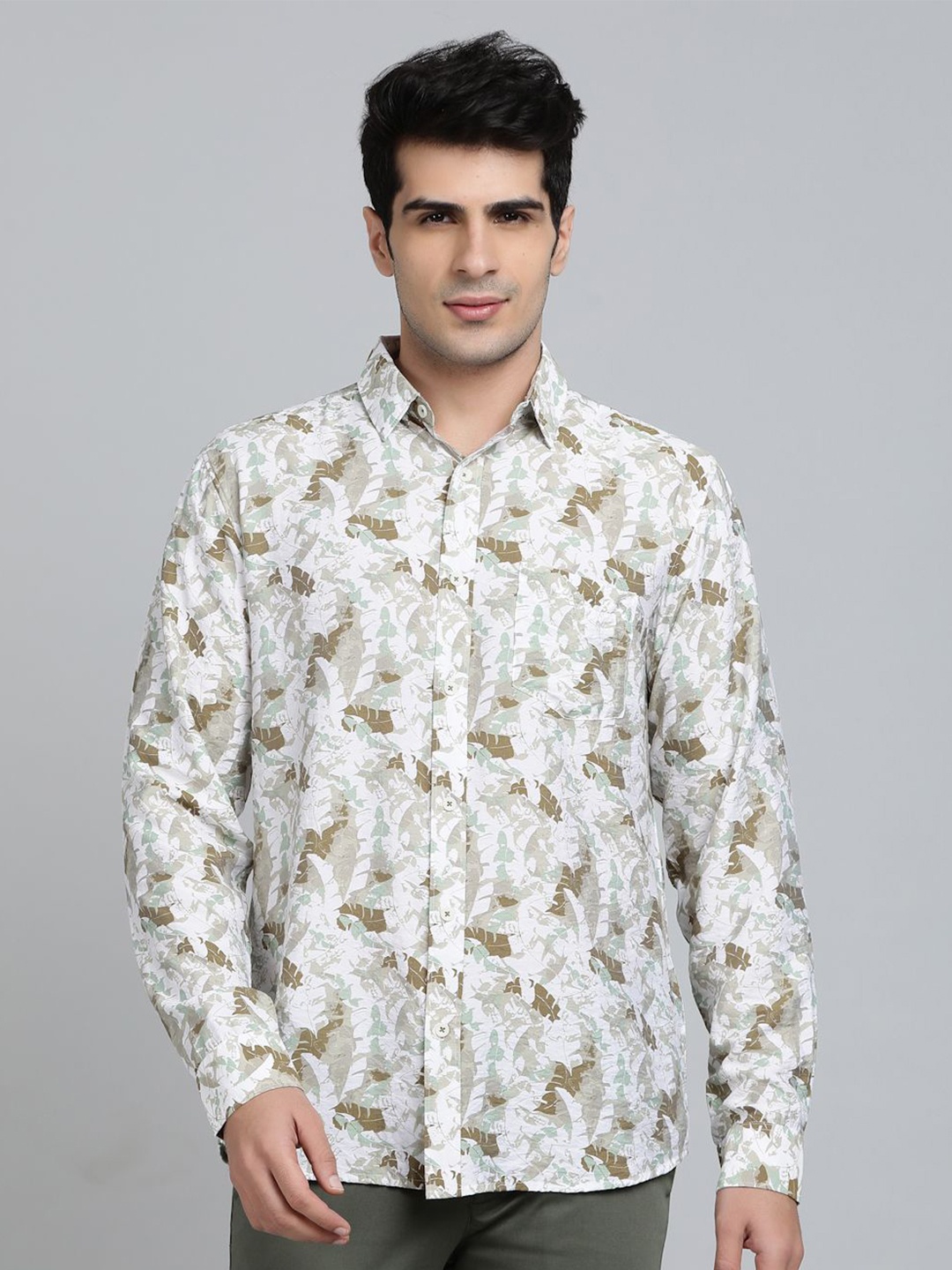 

JADE BLUE Men Slim Fit Spread Collar Floral Printed Cotton Casual Shirt, White