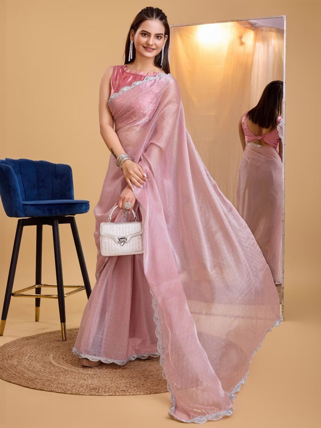 

LADY SHOPI Embellished Beads and Stones Saree, Rose
