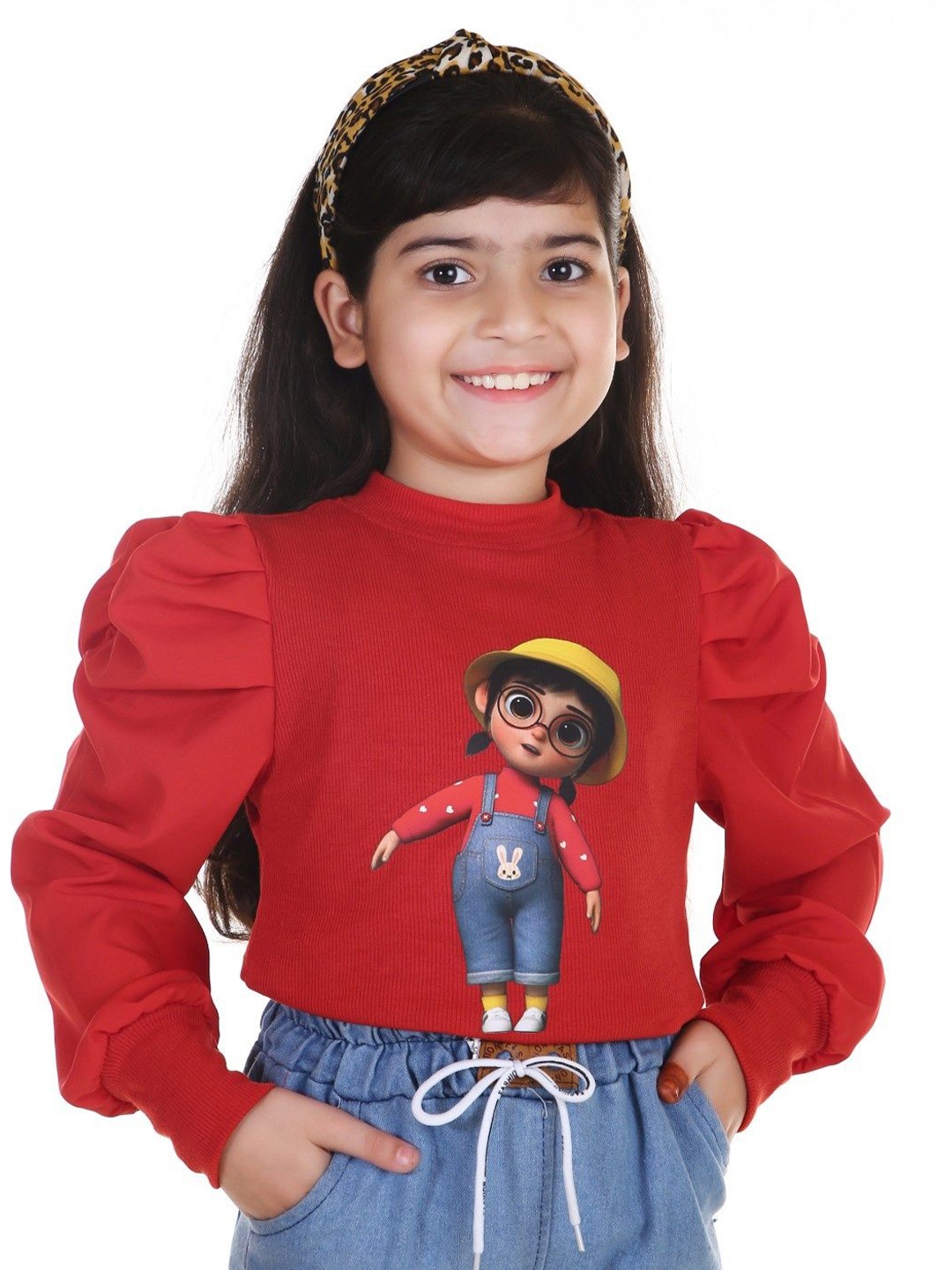 

Naazglory Girls Graphic Printed Pure Cotton Regular Top, Red