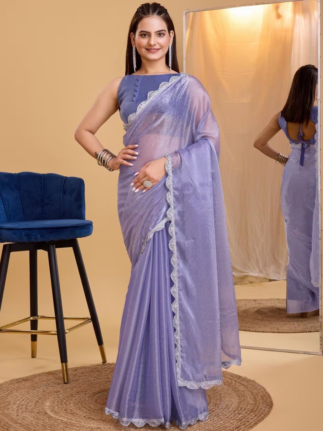 

LADY SHOPI Embellished Beads and Stones Saree, Lavender