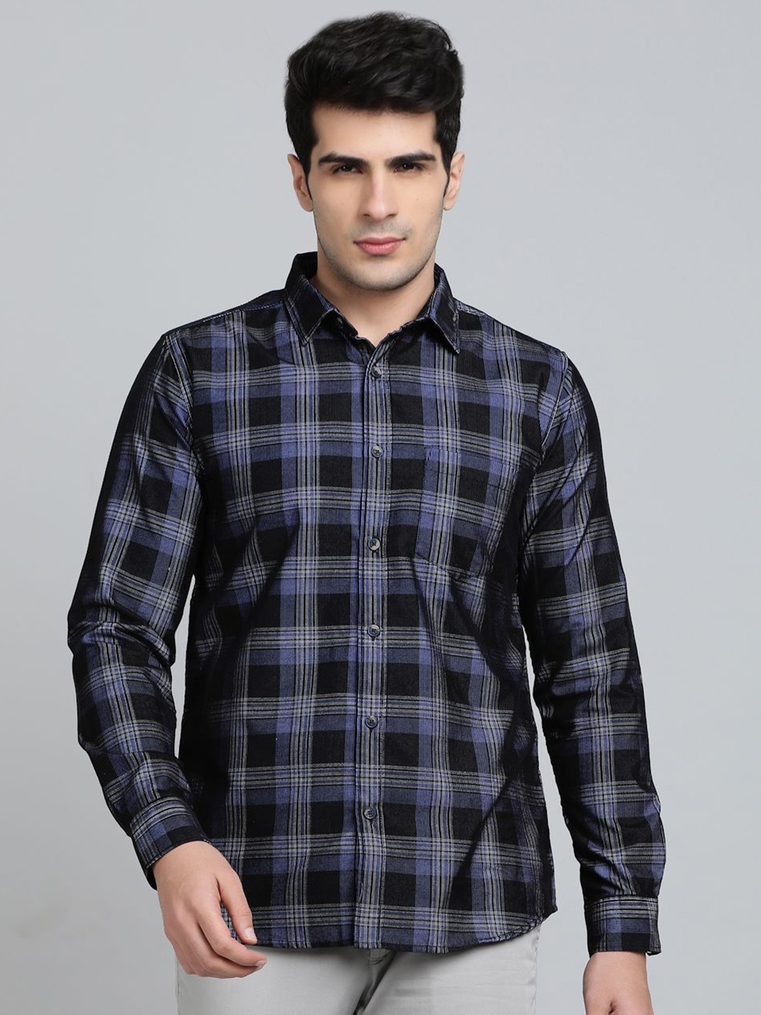 

JADE BLUE Men Slim Fit Spread Collar Tartan Checked Cotton Casual Shirt, Black