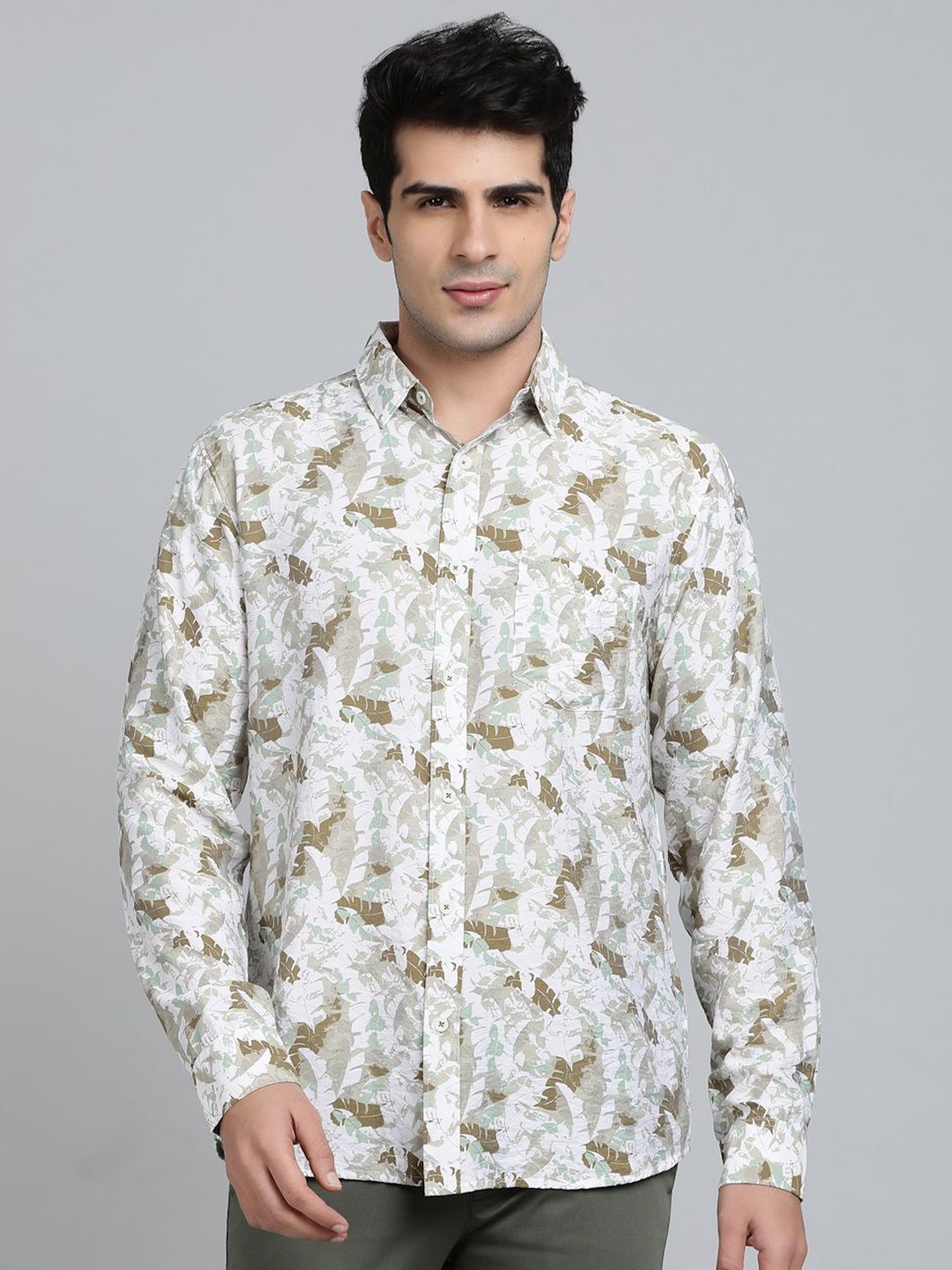 

JADE BLUE Men Slim Fit Spread Collar Floral Printed Cotton Casual Shirt, White