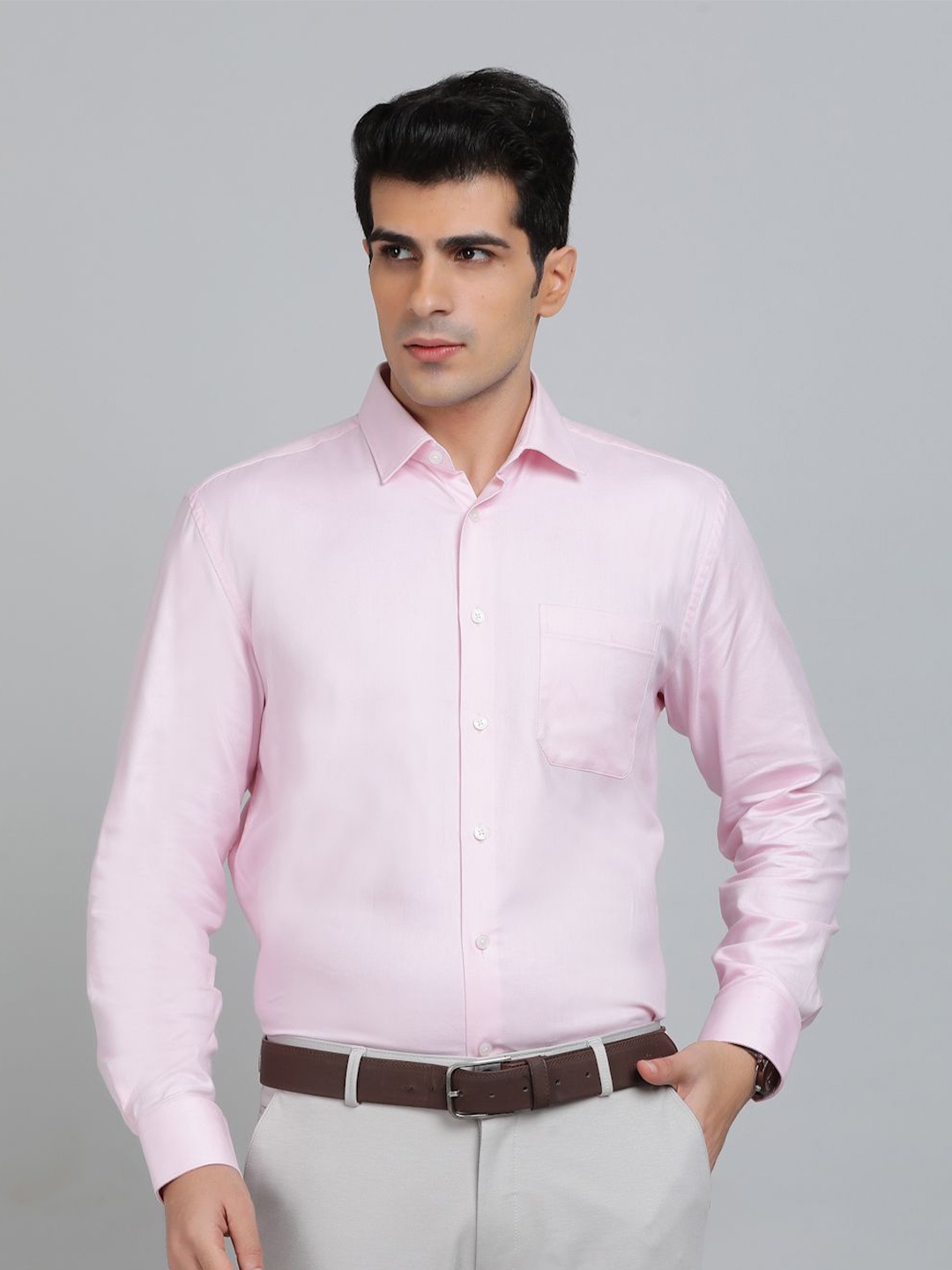 

JADE BLUE Men Spread Collar Textured Cotton Formal Shirt, Pink
