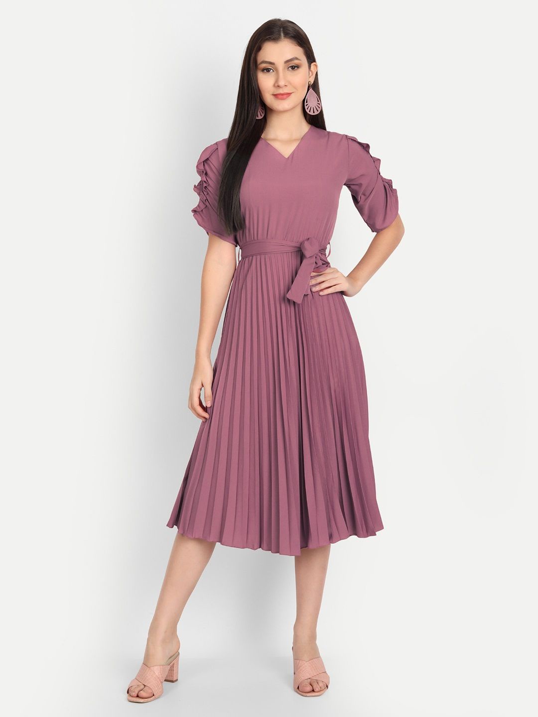 

STARWORD Women V-Neck Fit & Flare Midi Dress, Pink