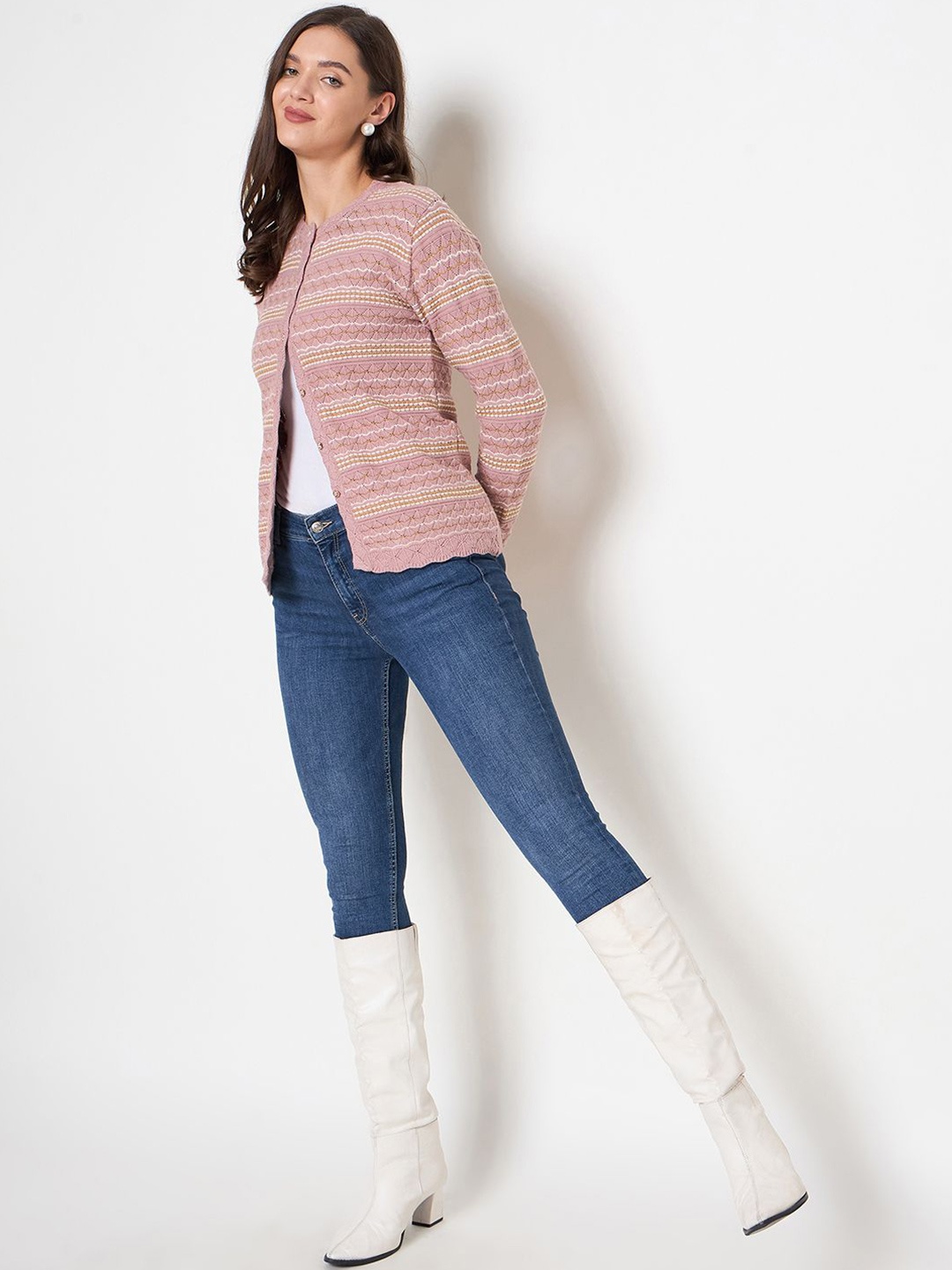 

Zigo Women Self Design Cardigan, Pink