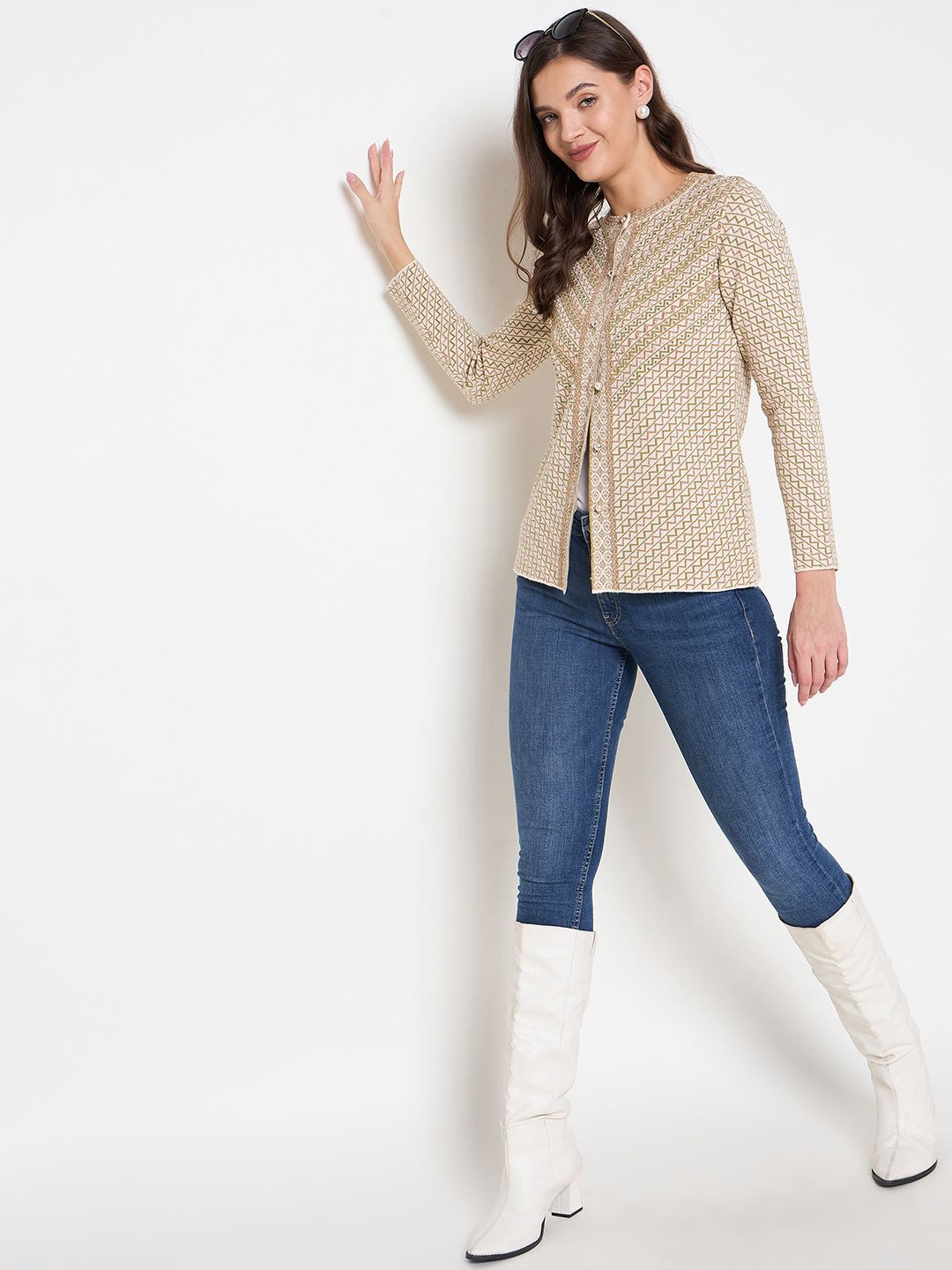

Zigo Women Self Design Cardigan, Cream